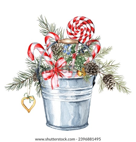 Christmas rustic composition of fir branches, pine cones, candy cane. Watercolor illustration