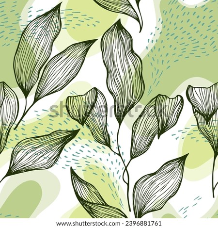 Hand drawn doodle line texture foliage over spots and dots vector seamless pattern. Delicate ornament with exotic tree leaves. Greenery tree branch foliage textile print. Pretty floral print.