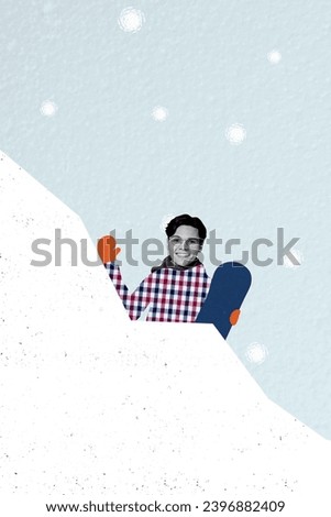 Vertical collage picture of friendly positive black white colors guy hold snowboard arm waving hi snowfall weather mountains