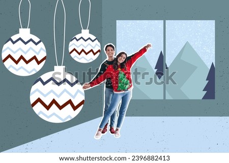 Creative collage picture of two funky excited partners hold hands dancing big hanging bauble toys decoration painted house window forest