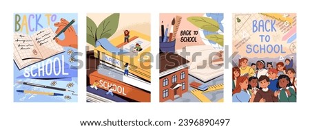 Welcome back to school posters set. Tiny kids with books. Stationeries for elementary education. Hand with pen above notebook. Pupils on lessons. Day of Knowledge concept. Flat vector illustrations