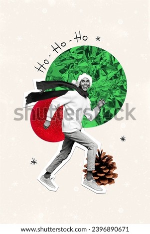 Composite collage image of funny man running outside enjoy weather christmas new year greeting card template holiday x-mas congratulation