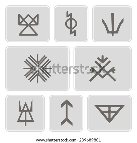 set of monochrome icons with Slavic pagan symbols for your design (Trojan, Dodola, Tausen, frost, Radegast, spring, wraith)
