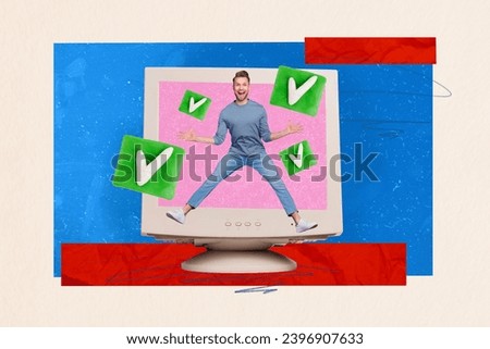 Composite collage picture image of funny young man jumping monitor check mark working complete task freak bizarre unusual fantasy billboard