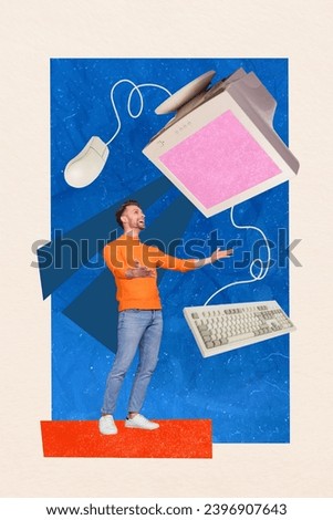 Vertical collage picture of cheerful mini guy arms catch falling big retro pc screen mouse keyboard isolated on drawing background
