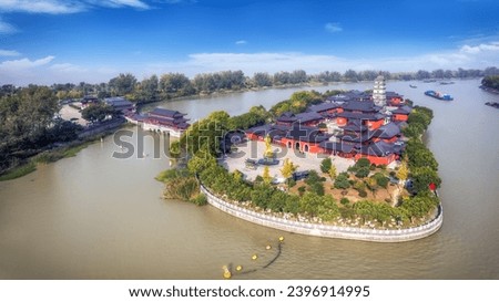 Panoramic aerial photo of the Zen Temple on the central island o