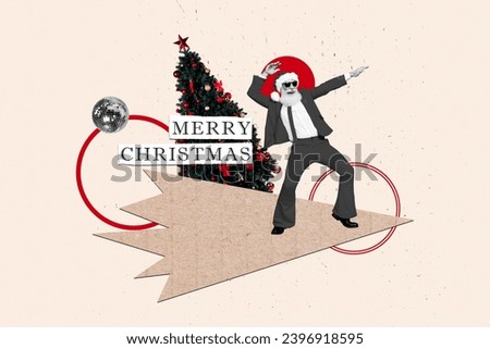 Composite collage picture image of santa claus dancing cool stylish christmas new year greeting card template holiday x-mas congratulation
