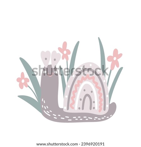 Snail hand drawn baby illustration. Cute slug on background of flowers and herbs. Kid character, isolated vector illustration
