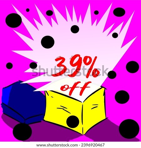 39% box releasing discount for sale, illustration, yellow, blue, purple, white, red and black