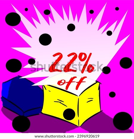 22% box releasing discount for sale, illustration, yellow, blue, purple, white, red and black