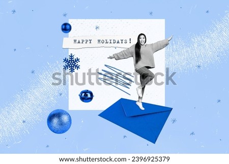 Creative drawing collage picture of funny female santa claus letter christmas new year greeting card template holiday x-mas congratulation