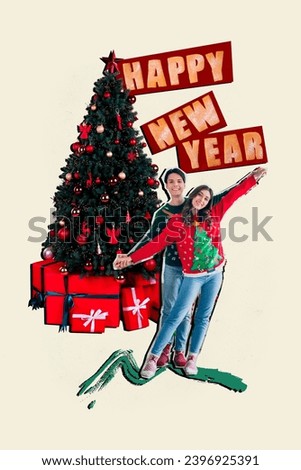 Vertical collage picture of peaceful partners hold hands dance happy new year card evergreen tree giftbox isolated on creative background