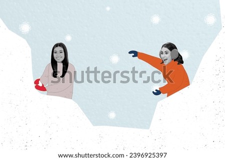 Collage picture of two excited carefree black white colors girls playing throw snowball isolated on drawing winter background