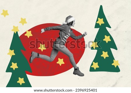 Creative collage picture of crazy cheerful black white colors girl running christmas tree stars isolated drawing background