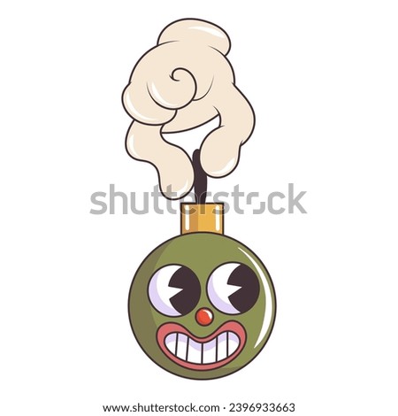 Trendy christmas groovy sticker patch retro cartoon element. Ball with face in hand Christmas tree toy. Vibes 70s. Vector illustration