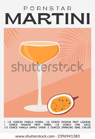 Pornstar Martini Cocktail garnished with passion fruit. Classic alcoholic beverage recipe. Summer aperitif poster. Minimalist trendy print with alcoholic drink. Vector flat illustration. Royalty-Free Stock Photo #2396941383