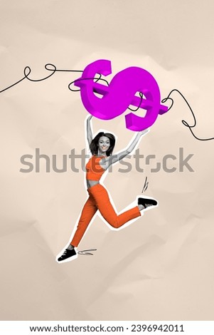 Vertical collage picture of excited black white colors girl arms hold hang big dollar money symbol tied string isolated on paper beige background