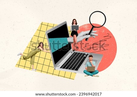 Artwork collage picture of mini people huge laptop screen black white colors arm hold magnifier loupe isolated on painted background
