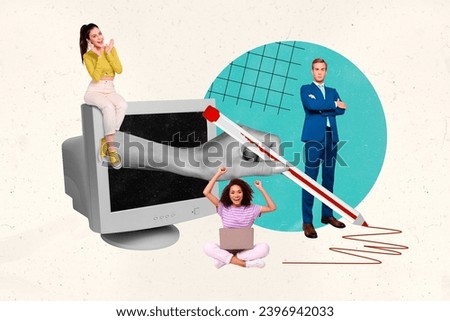 Sketch banner collage of successful professional people working office signing deal contract isolated on drawing background
