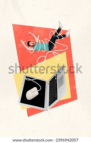 Vertical collage picture of impressed mini guy tied mouse cable wire big laptop isolated on painted creative background