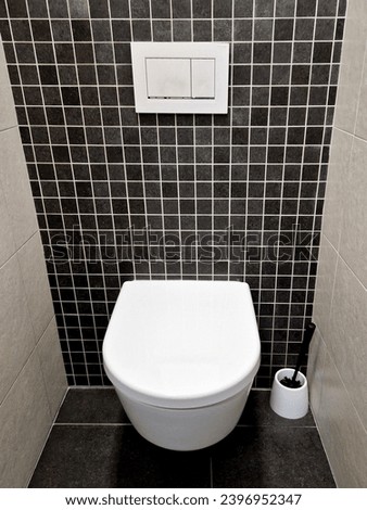 toilet with black tiles like a mosaic. sink and lever faucet and stainless steel soap dish. modern simple design