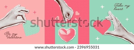 Halftone Valentines day collage covers set in contemporary mixed media style. Modern vector poster with dotted elements - hands and hearts. Concept of relationship, love, romance, valentine day. Royalty-Free Stock Photo #2396955031