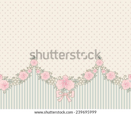 Garlands of Roses on a vintage striped polka dot background. Seamless  horizontally. Vector floral border.