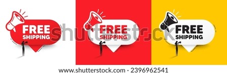 Free shipping tag. Speech bubble with megaphone and woman silhouette. Delivery included sign. Special offer symbol. Free shipping chat speech message. Woman with megaphone. Vector