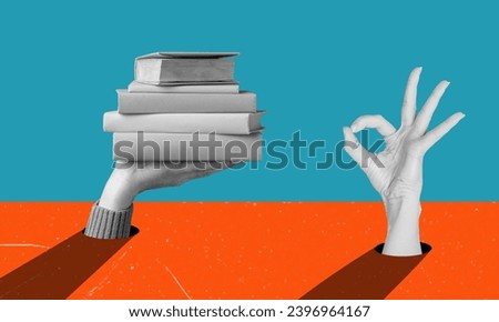 Art collage, hand holding a stack of books, other hand showing a sign that all is well. The concept of education and teaching. Royalty-Free Stock Photo #2396964167