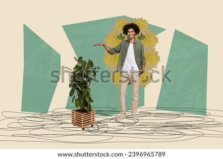 Collage sketch image of happy smiling guy showing arm plant growth size isolated painting background