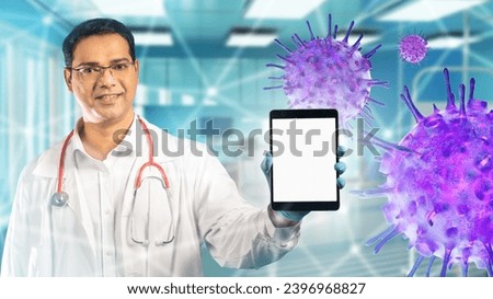 Man doctor with tablet computer. Virologist smiles while standing in clinic. Gadget with blank screen. Virus molecules near doctor. Man virologist in white coat. Medical template. Healtcare mock up Royalty-Free Stock Photo #2396968827