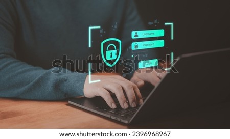 Man type username and password for the computer laptop. Cyber security concept to protect personal data. Secure encryption and access to the user's private information to access the internet.