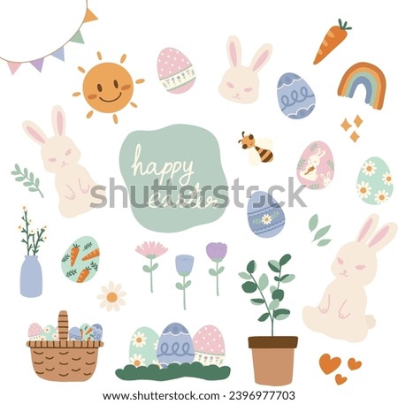 hand drawn illustration of a set of Easter holiday sticker pack design elements. Cute elements doodle collection in flat style. For poster, card, scrapbooking, invitation, graphic, social media