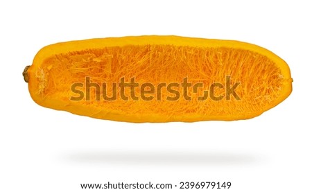 Yellow pumpkin in a section on an isolated white background. The concept of the benefits of natural fiber for the health of the body. Bright color of the vegetable.