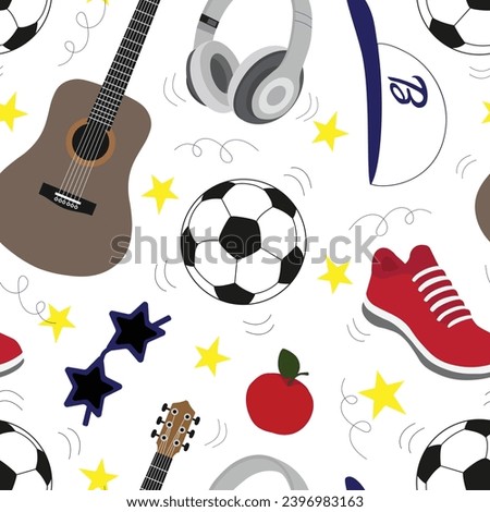 Seamless pattern with guitar, soccer ball, sneakers, headphones and stars. Boys football and guitar background
