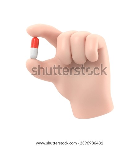 3d render. red white pill icon. Doctor or pharmacist cartoon hand with black skin holds small pill. Medical healthcare illustration. Pharmaceutical clip art.3D rendering on white background.
