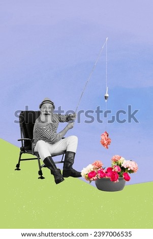 Composite collage picture image of funny excited old man fishing sit chair catching flowers blooming magazine surrealism metaphor
