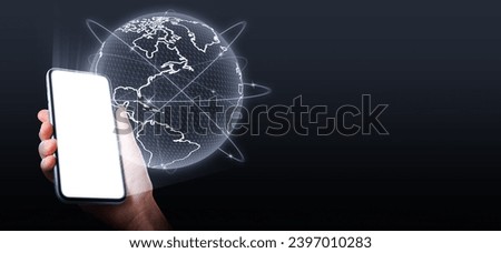 Global network. Woman holding smartphone with digital image of Earth on black background. Banner design with space for text