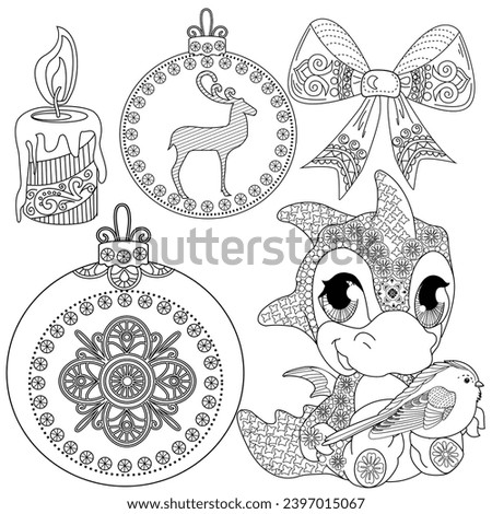 Coloring Pages with baby dragon. Happy new year 2024. Year of the dragon.  Antistress freehand sketch drawing with doodle and zentangle elements.
