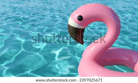 Pink inflatable flamingo pool flat in a swimming pool. 3D Render