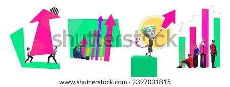 Banner. Contemporary art collage. Business people working in team making career achievements and built right way to take it successfully. Concept of business strategy, trades, finance, career growth