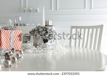White wooden table of empty space for your decoration. Chrismtas time in home. Cold december time. Winter composition. 