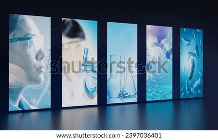 Science research LCD screen panels. Chemistry and microbiology idea for exhibiting space of medical convention. Royalty-Free Stock Photo #2397036401