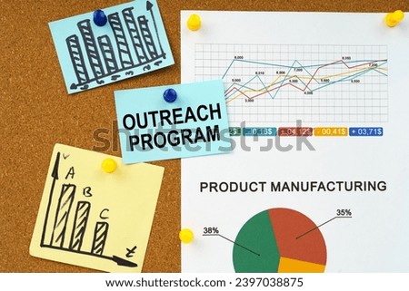 Business concept. Business charts and stickers with the inscription hang on the board - OUTREACH PROGRAM Royalty-Free Stock Photo #2397038875