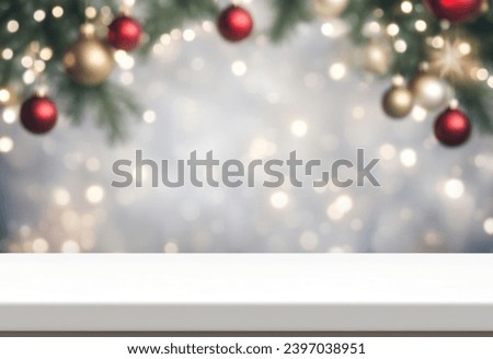 Empty christmas background. Christmas tree backdrop. Xmas holiday celebration blank pedestal. White table top in front, winter celebration bokeh effect. Happy New Year banner