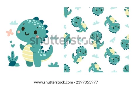 Vector set for printing on children's products. Cute print for printing and seamless vector pattern. A cute dinosaur looks at a butterfly, clouds and plants . Vector illustration