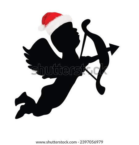 Illustration of a Silhouette Cupid Wearing a Santa Hat