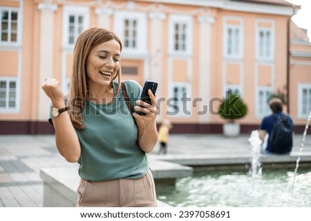Business, smartphone or young woman in city, coffee or walking on break, typing or social media. Young female, ceo or entrepreneur with tea, phone or connection in street, chatting or search internet