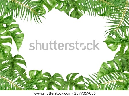 Green Palm and Monstera leaves. Watercolor hand drawn frame of tropical plant for travel guides, cosmetic, spa, massage salon prints, wedding invitations, cards, packing. Jungle liana clip art.