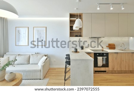 Modern kitchen in beige colours with household appliances combined with a japandi style living room with an island with stools and decorative lamps